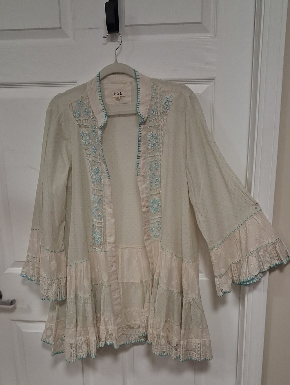 POL Cream Duster with Light Blue Embroidery